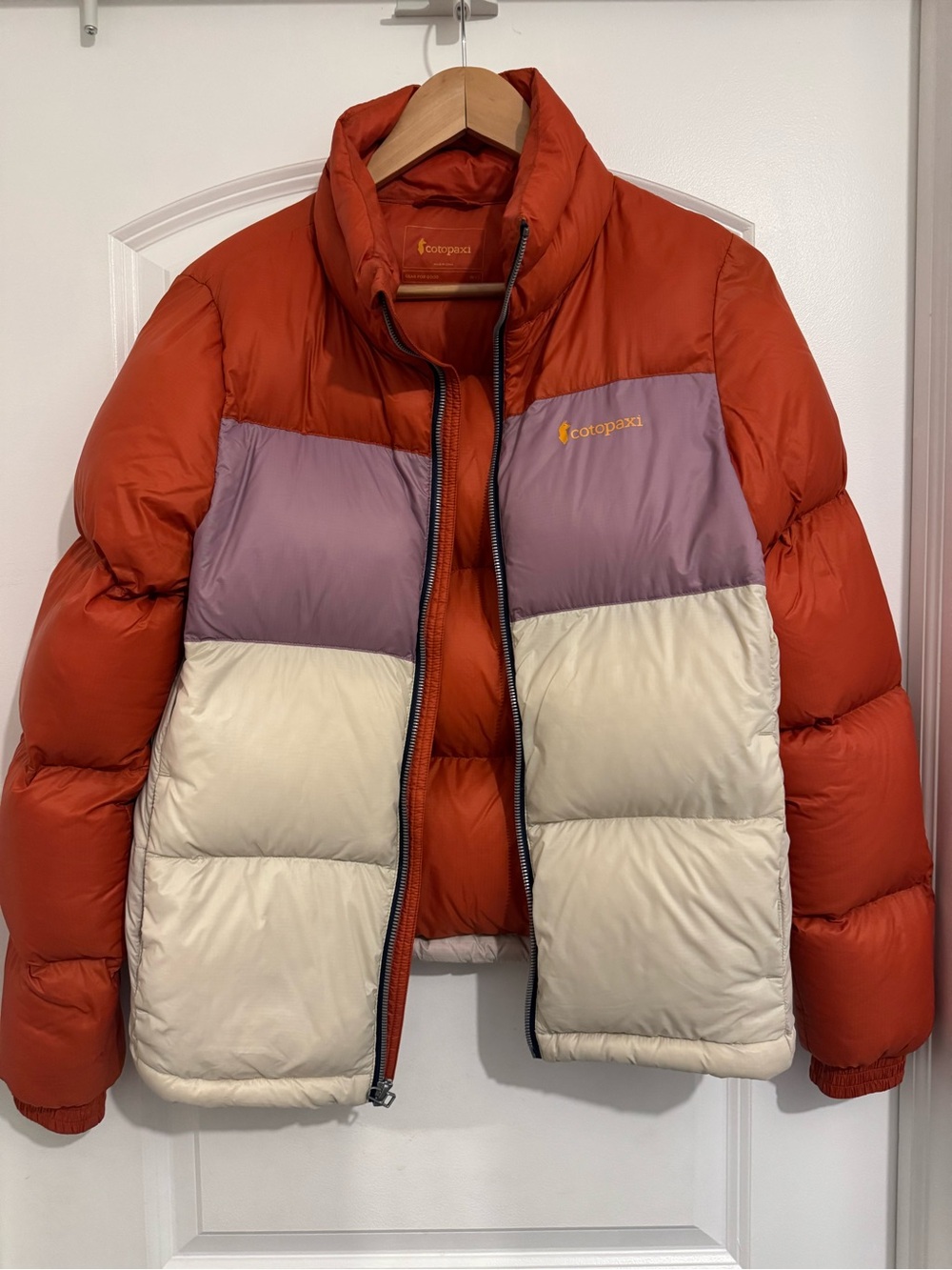 cotopaxi Colorblock Puffer Jacket in Rust, Lavender & Cream
